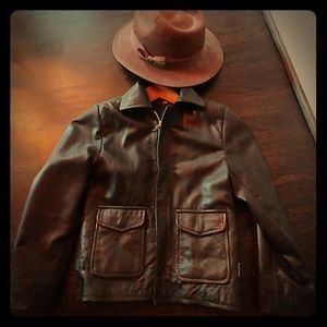 Indiana Jones brown leather jacket and fedora